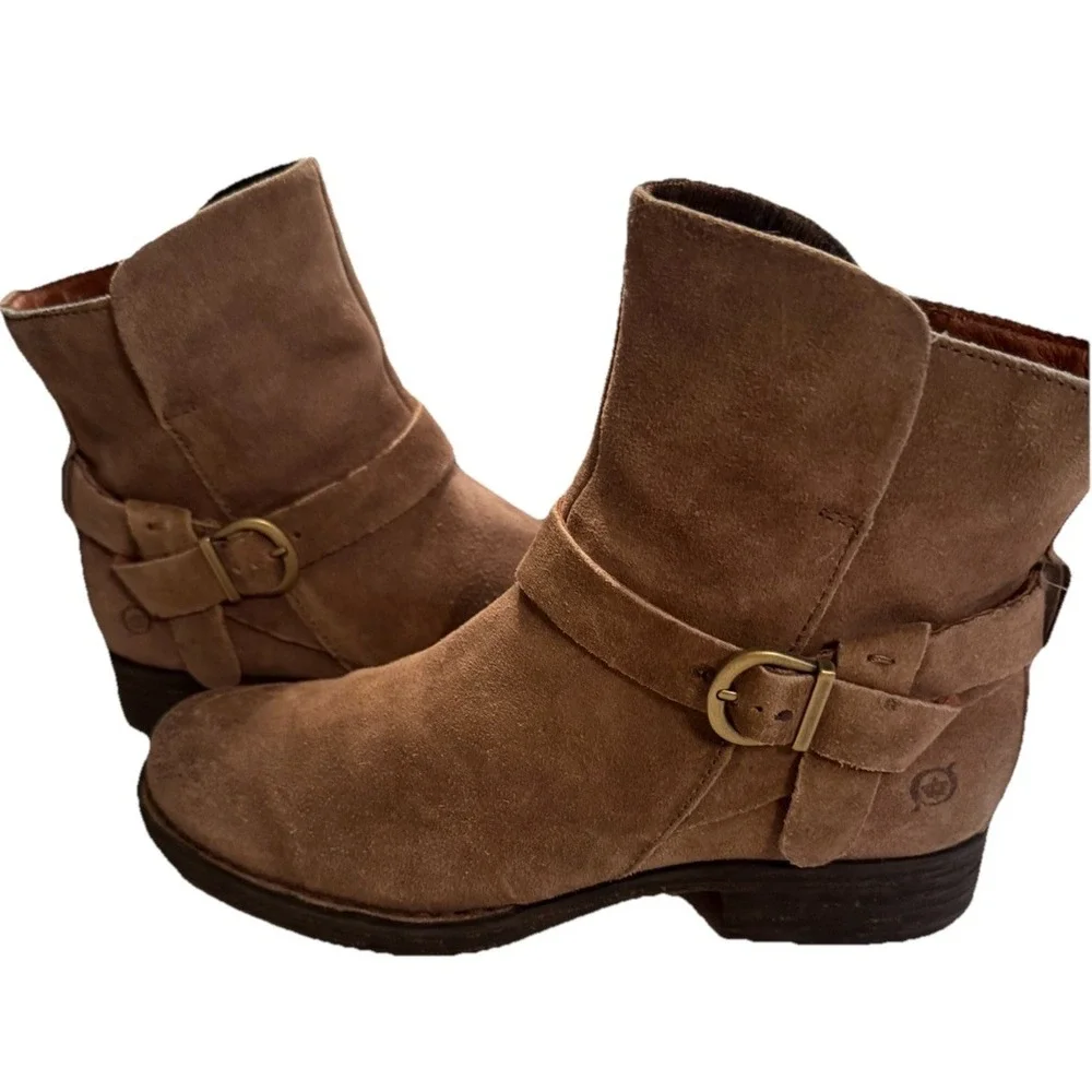 Born Shoes Womens Size 8.5 Brown Suede Syd Buckle Strap Ankle Boots‎ Plaid Lined